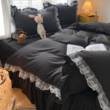 Xpoko Black White Pink Yellow Brown Gray Blue Brushed Princess 4pcs Bedding Set Lace Ruffles Bed Skirt Quilt/Duvet Cover Pillowcases