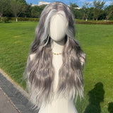 Xpoko Handmade Small Lace Gray Gradient Highlight Dyed Corn Perm Long Hair Wave Roll Realistic Synthetic Fiber Full Head Wig