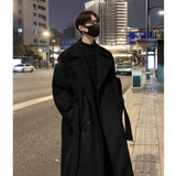 Xpoko Men Winter Outfit Korean Trend Trenchcoat With Belt Men's Loose Casual Overcoat Autumn Winter Solid Color Fashion Woolen Coat Medium Long Trench