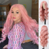 Xpoko Pink Synthetic Women's Front Lace Wig Long Wavy Pink Wigs for Women Afro Cosplay Daily Party High Density Heat Resistant Hair