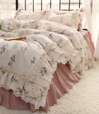 Xpoko  -  Romantic elegant french floral ruffled bedding set,flower full queen king cotton home textile bedspread pillow case quilt cover