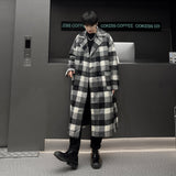 Xpoko Men Winter Outfit Autumn Winter Plaid Trench Medium Length Woolen Coat With Belt Korean Loose Casual Fashion Double-breasted Couple Outwear