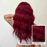 Xpoko Red Water Wavy Synthetic Wigs Long Natural Red Wig with Bangs Red Color Party Costume Hair Heat Resistant Daily Wig
