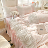 Xpoko Korean Style Princess Bedding Set Luxury Pink Lattice Duvet Cover Ruffles Lace Bedspread Bed Sheet Pillowcases