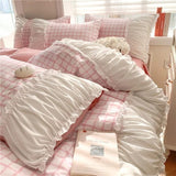 Xpoko Korean Style Princess Bedding Set Luxury Pink Lattice Duvet Cover Ruffles Lace Bedspread Bed Sheet Pillowcases