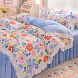 Xpoko Pastoral Style Bedding Set Cotton 3/4pcs Floral Duvet Cover with Pillowcases Cute Flowers Bed Skirtwith Zipper Quilt Cover