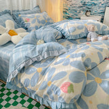 Xpoko Lovely Princess Flower Print Ruffles Bedding Set 100% Cotton Cute Girls Duvet Cover Set with Bed Sheet Kawaii Bedding Sets Soft