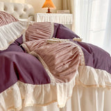 Xpoko Luxury Purple Patchwork Pleat Bedding Set Korean Style 100% Cotton Princess Lace Duvet Cover Bedsheet Bed Skirt Pillowcases