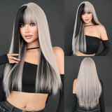 Xpoko Synthetic Long Straight Platinum ﻿Wig For Women Mid Split Wig Daily Use Party High Density  Heat Resistant Synthetic Wigs