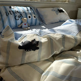 Xpoko  -  Fashion cute cartoon cat bedding set,twin full queen blue stripes black cotton home textile bed sheet pillow case quilt cover