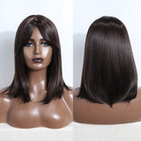 Xpoko Dark Brown Black Synthetic Wigs with Bangs Medium Straight Bob Natural Hairs for Women Daily Cosplay Heat Resistant