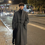 Xpoko Men Winter Outfit Autumn Winter Men Horn Button Woolen Coat Mid Length Stand Collar Trench Coat Solid Color Big Pocket Overcoat Streetwear