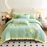 Xpoko - Floral Embroidery Matte Milk Velvet Comforter Cover Bedding Set