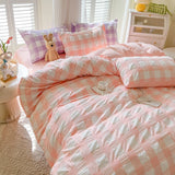 Xpoko  -  Chic Seersucker Bedding Set Washed Brushed Comforter Duvet Cover Flat Sheets Pillowcase Lightweight Soft Home Textile Bed Linen