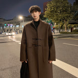 Xpoko Men Winter Outfit Autumn Winter Men Horn Button Woolen Coat Mid Length Stand Collar Trench Coat Solid Color Big Pocket Overcoat Streetwear