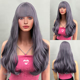 Xpoko Bug Wig for Women Long Wavy Purple Wig with Bangs, Heat Resistant Fiber Synthetic Ginger Curly Wigs Daily Party Cosplay Wig