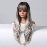 Xpoko Natural Long Straight Layered Synthetic Wigs Ombre Gray White Wig with Bangs  Hair for Women Daily Party Use Heat Resistant