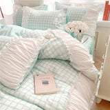 Xpoko Korean Style Princess Bedding Set Luxury Pink Lattice Duvet Cover Ruffles Lace Bedspread Bed Sheet Pillowcases