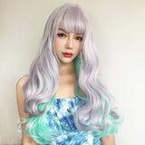 Xpoko Silver White Women's Synthetic Wig Turquoise Green Women's Wig Highlight Dyed Long Curly Hair Full Set Cosplay Party Lolita