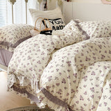 Xpoko  -  French Small Floral Printed Bedding Set, Double Layer Lace Ruffles, 100% Cotton, Duvet Cover Set, Bed Linen, Pillowcases