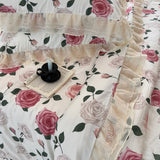 Xpoko  -  100% Cotton Vintage French Pastoral Style Rose Flowers Double Layer Lace Ruffles Bedding Set Duvet Cover Bed Skirt Pillowcases