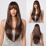 Xpoko Brown Highlight Synthetic Wigs Long Silk Straight Wig with Bangs Middle Part Natural Brown Daily Wig Heat Resistant