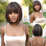 Xpoko Shoulder Length Synthetic Wigs Short Straight Orange Copper Brown Wig with Bangs for Black Women Afro Hair Daily Heat Resistant