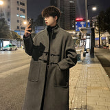 Xpoko Men Winter Outfit Autumn Winter Men Horn Button Woolen Coat Mid Length Stand Collar Trench Coat Solid Color Big Pocket Overcoat Streetwear