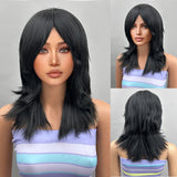 Xpoko Short Black Wigs with Bangs Synthetic Wavy Bob Wig for Women Synthetic Curly Pastel Bob Wig for Girl Colorful Cosplay Wigs