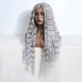 Xpoko Synthetic Lace Front Curly Wigs For Women 30 inches Soft Deep Wavy Grey Color  Cosplay Wigs Heat Resistant