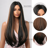 Xpoko Brown Highlight Synthetic Wigs Long Silk Straight Wig with Bangs Middle Part Natural Brown Daily Wig Heat Resistant