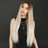 Xpoko Long Straight Light Brown ﻿Wig Gradient Ash For Women Dark Roots Daily Party Heat Resistant Synthetic Wigs Mid Split Wig