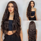 Xpoko 28 Inch Brown Wavy Wigs For Women Romantic Elegant Brown Mid-split Long Curly Synthetic Wigs for Party Daily Use