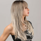 Xpoko Women Blonde Wigs Long Blonde Bangs Dark Root Layered Synthetic Wig For Daily Use Suitable For Fashion Ladies