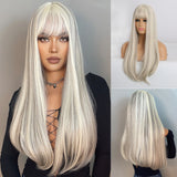 Xpoko Black Straight Synthetic Wigs with Bangs Long Smooth Hair for Women Daily Soft Natural Looking High Temperature Fiber