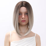 Xpoko Smilco 14 inch gray brown gradient natural split for daily wear of synthetic fiber women's wigs