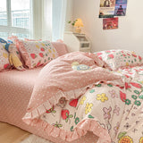 Xpoko Lovely Princess Flower Print Ruffles Bedding Set 100% Cotton Cute Girls Duvet Cover Set with Bed Sheet Kawaii Bedding Sets Soft