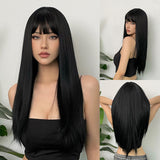 Xpoko Synthetic Long Straight Black Natural Hair Wig With Fluffy Bangs for Women Afro Cosplay Party Daily Wig Heat Resistant Fibre