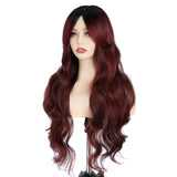 Xpoko Synthetic Lace Wigs 28" Ombre Dark Red Color Hair with Bang Long body Wavy Wig For Women Lace Wig Heat Resistant Cosplay Wigs