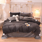 Xpoko 3/4pcs Plain Cute Plush Velvet Bedding Set Super Soft Hairball Decor Duvet Cover Pillow Case Winter Thick Warm Bed Set