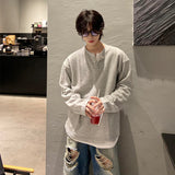 Xpoko Henry collar gray long-sleeved T-shirt men spring and autumn American retro fake two-piece right shoulder sweatshirt heavy base