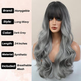 Xpoko Grey Wig with Bangs - Ombre Gray Wigs for Women Long Wavy Layered Black Root Realistic Hair, Natural Synthetic Heat Resistant