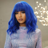 Xpoko Blue Short Bob Cosplay Lolita Synthetic Wigs Water Wavy Hair Wig with Bangs for Women Natural Heat Resistant Halloween Party Use