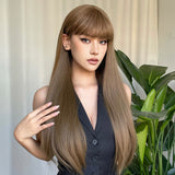 Xpoko Long Straight Synthetic Wigs Light Brown Hair with Bangs Natural Brown Wig for White Women Heat Resistant Daily Party Cosplay