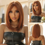 Xpoko Shoulder Length Synthetic Wigs Short Straight Orange Copper Brown Wig with Bangs for Black Women Afro Hair Daily Heat Resistant