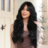 Xpoko Long Black Wavy Wigs with Bangs for Black Women Heat Resistant Synthetic Wigs Cosplay Halloween Natural Fiber Hair