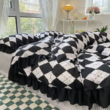 Xpoko Hot Luxury Romantic Ruffle Bedding Set 3/4pcs Sweet Princess Lace Duvet Cover Colorful Plaid Quilt Cover Bed Sheet Pillowcase