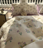 Xpoko  -  Romantic rabbit floral purple plaid bedding set kid,twin full queen kawaii cotton home textile bed sheet pillow case quilt cover