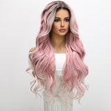 Xpoko Women Wig Long Curly Hair With Large Waves Pink Color Natural White Center Split Wig Women