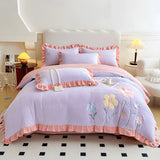 Xpoko - Floral Embroidery Matte Milk Velvet Comforter Cover Bedding Set